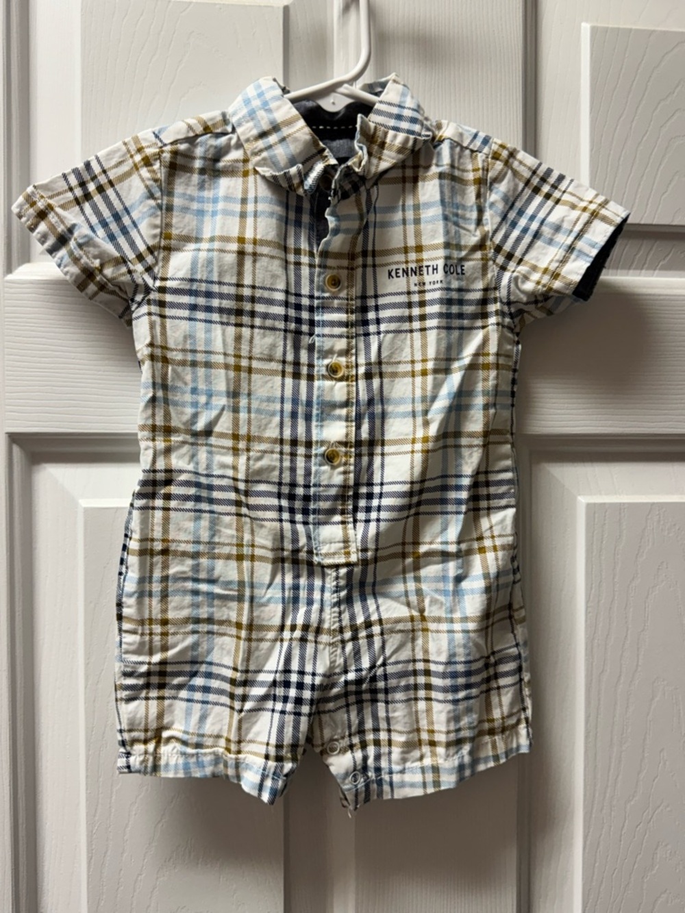 Kenneth Cole Boys' Blue, Tan & White Plaid Button-Front Shortall
